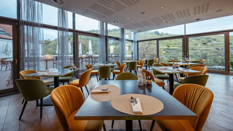 Steigenberger Hotel & Spa, Krems, © Niederösterreich Werbung/ Maximilian Pawlikowsky Interior view of the modern restaurant with large windows and a view of the vineyards.