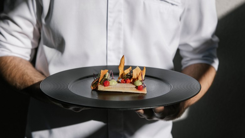Award-winning cuisine at Restaurant Görg, © Wiener Alpen, Sophie Menegaldo A person in a white shirt holds a plate with an elaborately prepared gourmet dish.