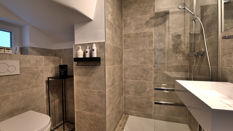 Bathroom Top 2, © Daniela Sinadinoska Modern bathroom with gray tiles, shower, washbasin and toilet.