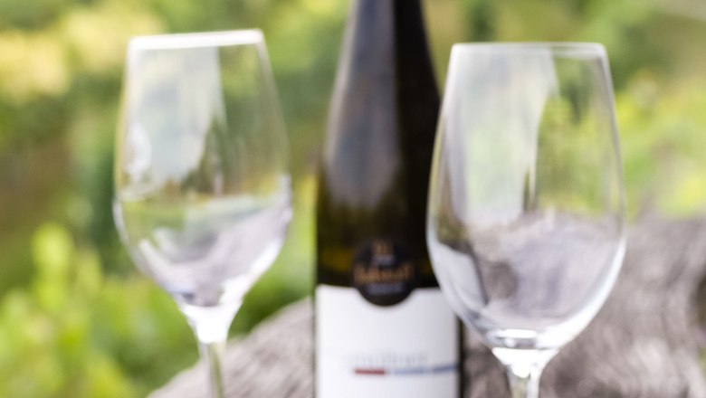 Wine, © PamelaSchmatz Two empty wine glasses and a wine bottle on a wooden table outside.