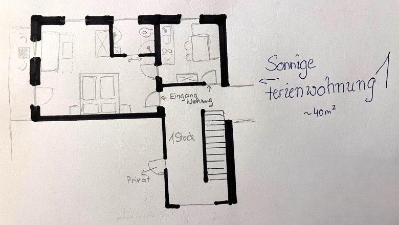 Sketch floor plan sunny vacation apartment, © Grasberger Sketch floor plan sunny vacation apartment, © Grasberger