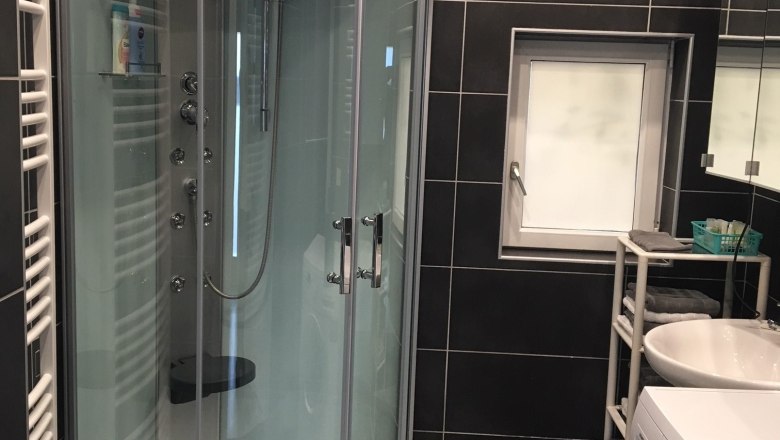 Bathroom, vacation apartment Brandstetter Kathi, Frauenhofen, © Brandstatter-Mszyca Kathi Modern bathroom with shower, washing machine and washbasin.