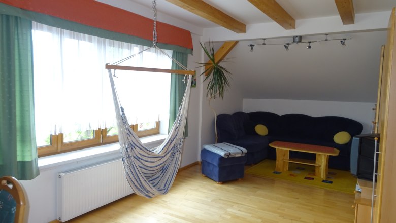 Living room with TV and hanging chair, © Maria Bauer Living room with hanging chair, sofa, table and TV.