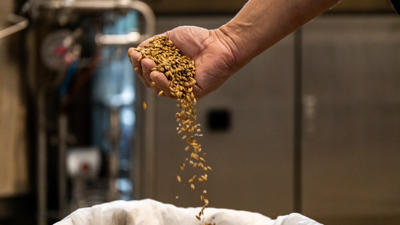 Schwarzbräu - natural raw materials from the region, © Wiener Alpen, Christian Kremsl Hand scatters grain into a sack in a brewery.