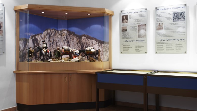 Kaiserbrunn Water Pipeline Museum, © Wiener Alpen, Foto: Bene Croy Exhibition in the Kaiserbrunn Water Pipeline Museum with diorama and information boards.