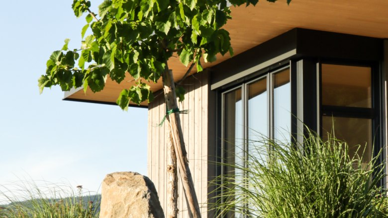 Lodge Libelle from the outside, © Familie Moser Modern lodge with wood paneling, surrounded by trees and grass.