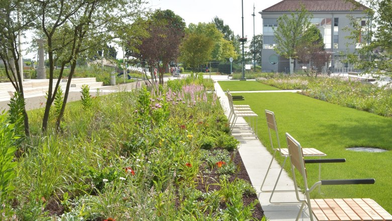 Tulln's Nibelungenplatz, © Stadtgemeinde Tulln Benches to linger next to the flower bed