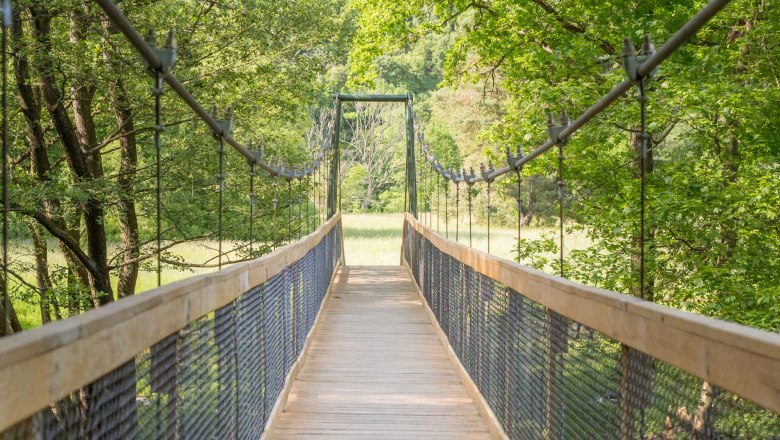 Hermit Bridge suspension bridge, © Nationalpark Thayatal / T. Nunner Suspension bridge in the Thayatal National Park surrounded by green trees.