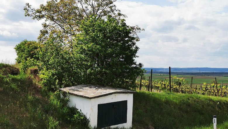 Brunnenhäuserl Pernersdorf, © Weinstraße Weinviertel Small white building with a green gate in a rural landscape, surrounded by trees and vines.