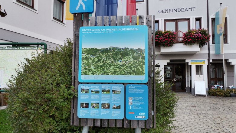 Hiking starting point, © Wiener Alpen Hiking map in front of the Kirchberg am Wechsel municipal office with signs and flags.