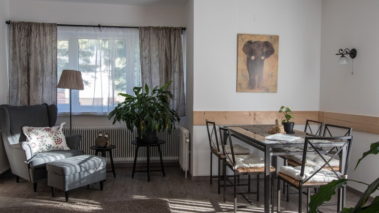 Vacation apartment, © A. Dirnbauer Cozy living room with armchair, table and plants.