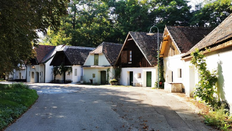 Special wine cellar lane at Peregriniplatzl, © Weinstraße Weinviertel A picturesque wine cellar lane with traditional buildings and trees in the background.