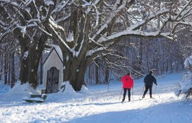 Hafnerberg-Peilstein cross-country ski trail, © Loipe Wald Two cross-country skiers on a snow-covered trail next to a chapel and large trees.