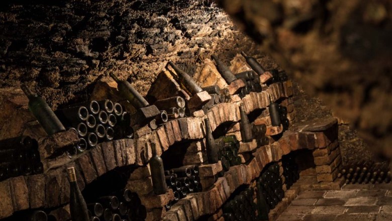 Wine shop, © Weinberghof Ilkerl Wine cellar with old bottles on brick shelves.