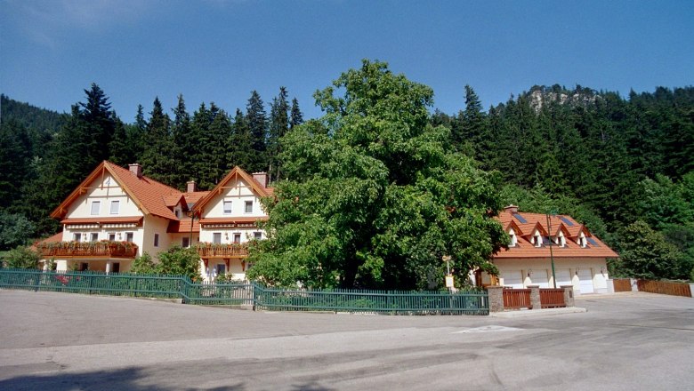 House Lenz, © Haus Lenz A large house with red roofs and balconies, surrounded by trees and a forest in the background.