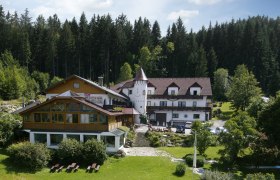Fairytale Hotel Waldpension Nebelstein, © Andreas Schmidt A hotel in the forest with a tower and garden.