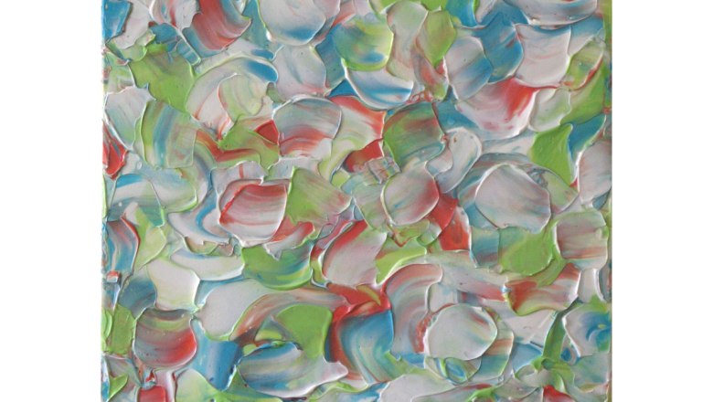 From different gardens, © forumschlosswolkersdorf Abstract painting with colorful, curved brushstrokes in red, green, blue and white.