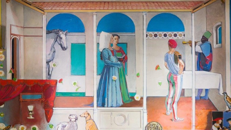 Fresco, © Thomas Nowak Fresco with medieval figures, a horse and dogs in an inner courtyard.
