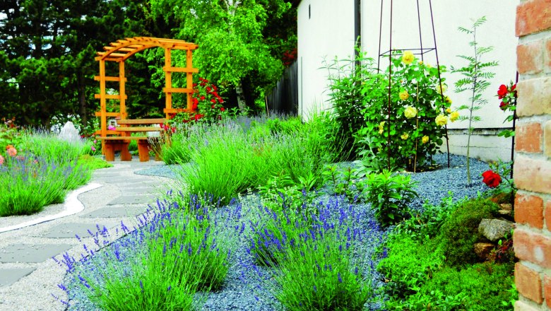 Lavender show garden, © Stadtgemeinde Maissau A well-tended garden with lavender, a wooden pavilion and paved paths.