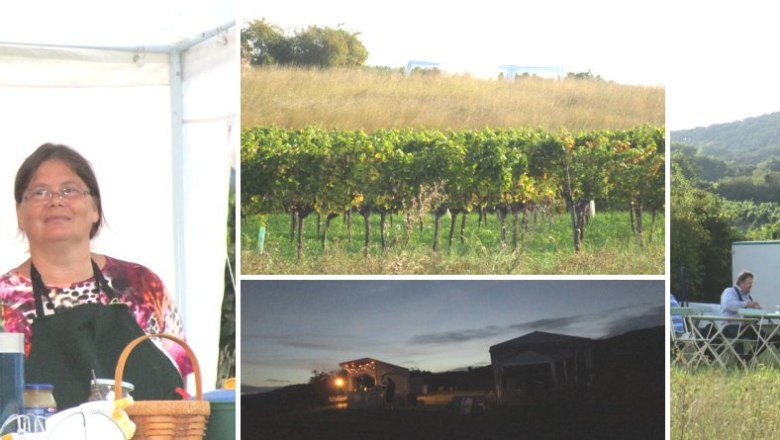 Our stand at the Genussmeile 2014, © K.Berger2014 People at a stand on the Genussmeile 2014, vines and landscape in the background.