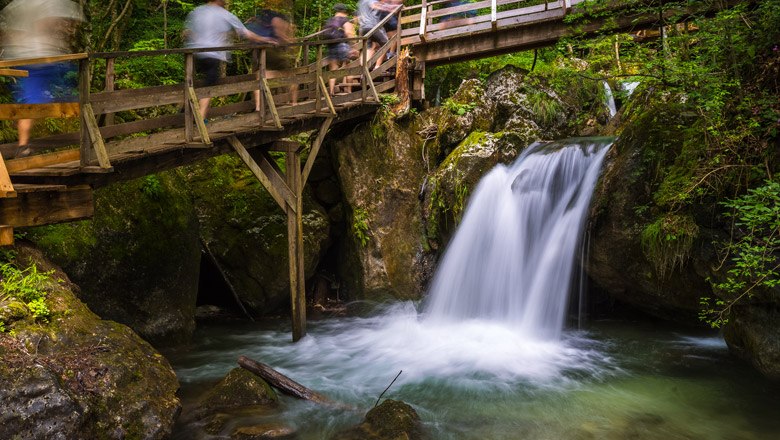 Muggendorf Myra Falls, © Wiener Alpen, Christian Kremsl Wooden bridge over waterfall in wooded surroundings.