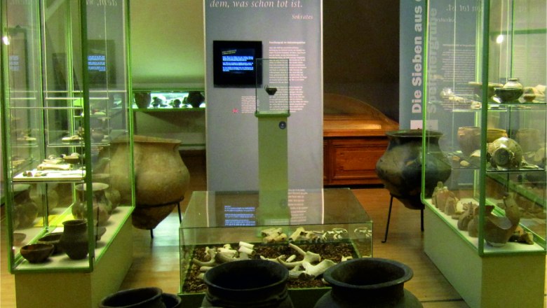 Stillfried Center of Prehistory, © Museum Stillfried Museum exhibition with antique clay vessels and display cases.