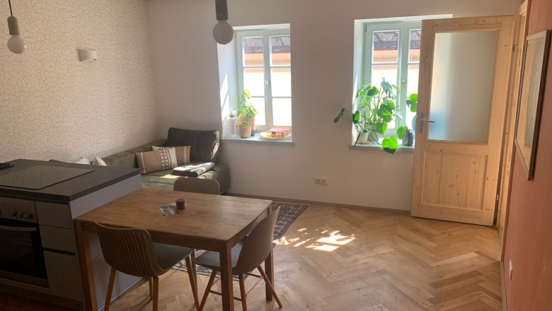 Compact & Trendy" apartment, © kremsoase Bright living room with wooden floor, dining table, sofa and plants by the window.