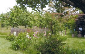 Show garden Kreiner family, © Friedrich Kreiner A green garden with flowers, trees and a wooden fence.