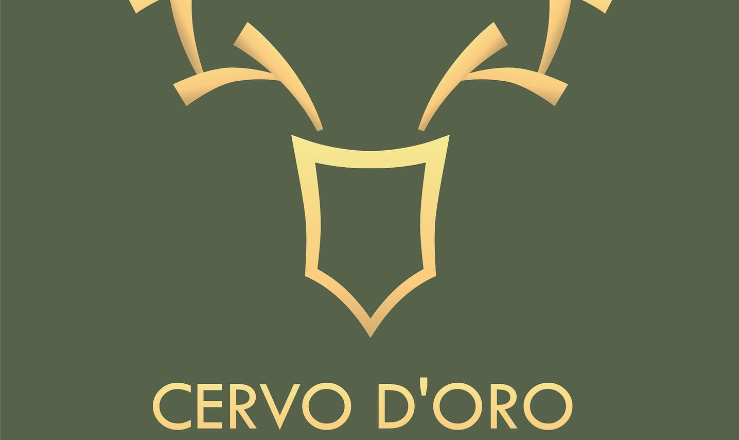 Cervo D'oro, © Cervo D'oro Cervo D'oro restaurant logo with golden deer antlers and lettering on a green background.