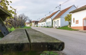 Wine cellar lane Niederschleinz, © Gemeinde Sitzendorf Wine cellar lane in Niederschleinz with wine cellars and a bench in the foreground.