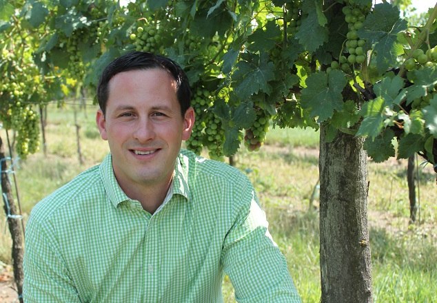 Robert Schmid, © Schmid Man in green shirt kneeling in a vineyard next to vines.