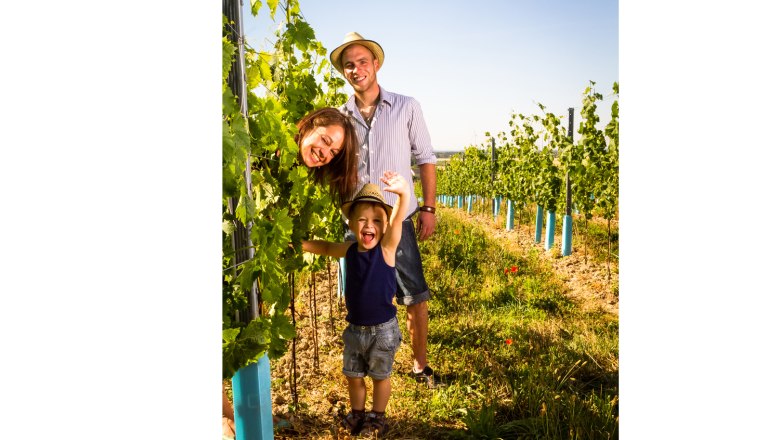 In the vineyard, © Weingut Windisch / A. Seidl Family in the vineyard with happy child and parents in summer clothes.