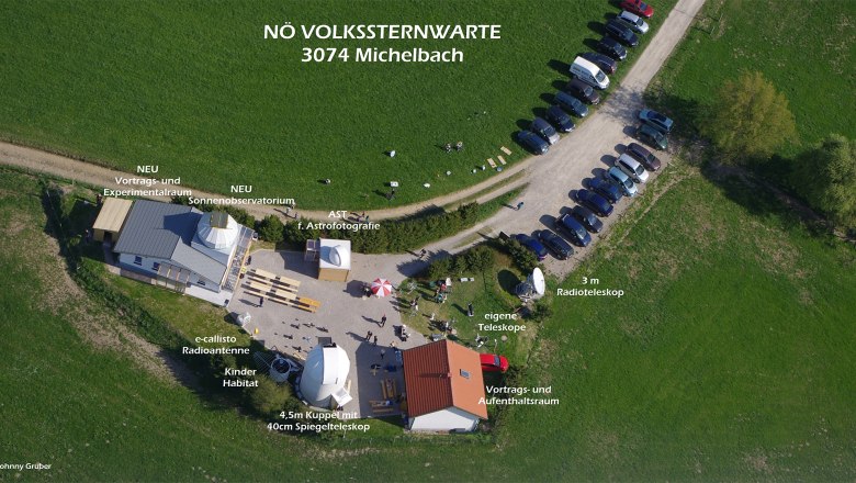 Michelbach Observatory, © Johnny Gruber Aerial view of the Michelbach observatory with buildings, telescopes and parked cars.