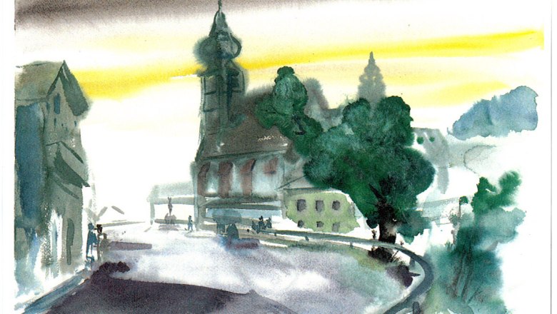 Watercolor by Sepp Gamsjäger, © gamsburg.at Watercolor of a city view with church and trees.