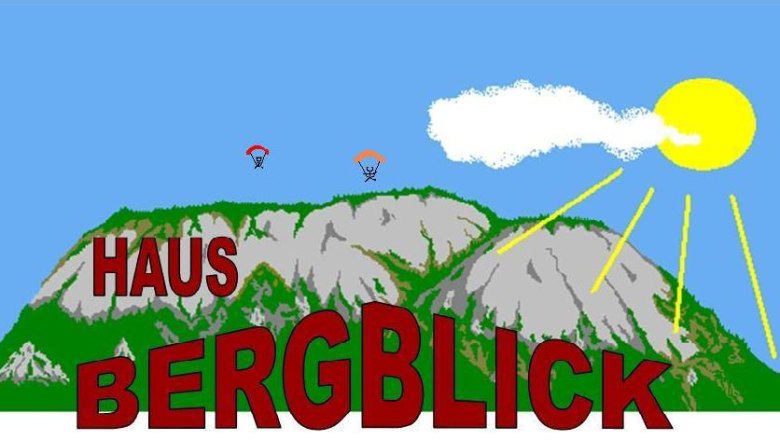 Reep-Stern family, © Stern Illustration of a mountain with the inscription 'Haus Bergblick', two paragliders and the sun in the sky.