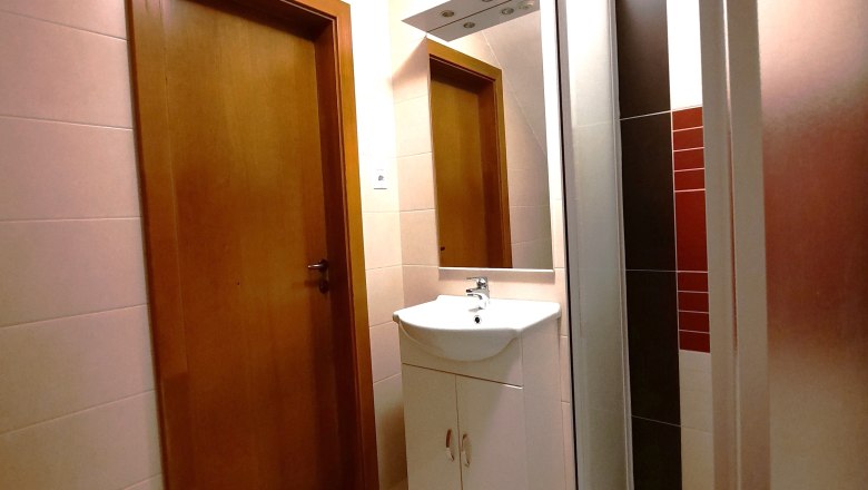 Bathroom, © Ildiko Davidne Nagy Modern bathroom with wooden door, washbasin and shower.