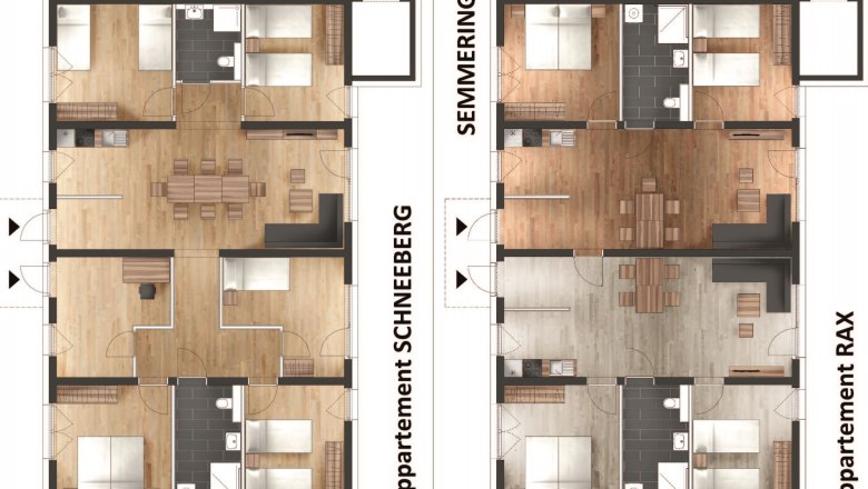 Room layout vacation bungalows Vital, © Peter Hecht Floor plan of two vacation apartments with labels 'Appartement Schneeberg' and 'Appartement Rax'.