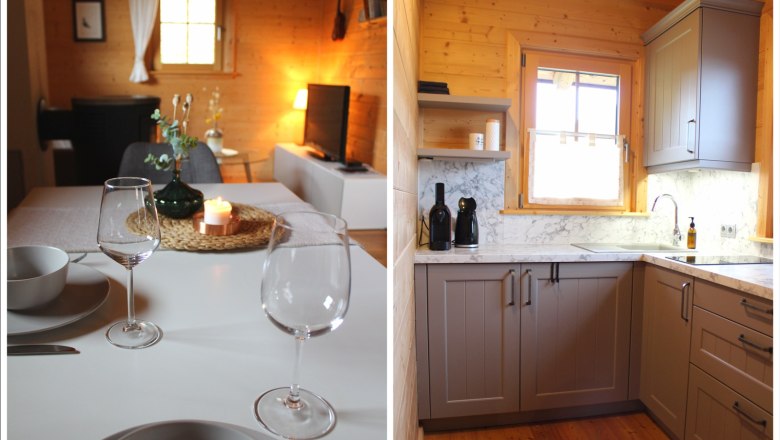 Kitchen and dining area, © Familie Auer Cozy kitchen and dining area in a wooden house with modern furnishings and warm light.