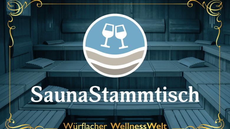 Tuesday, © DESIGN S (design-s.at) Logo of the SaunaStammtisch in a sauna with wooden benches.