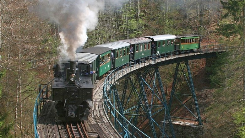 Ötscherland Express, © Ötscherland-Express Steam locomotive on a bridge in the forest