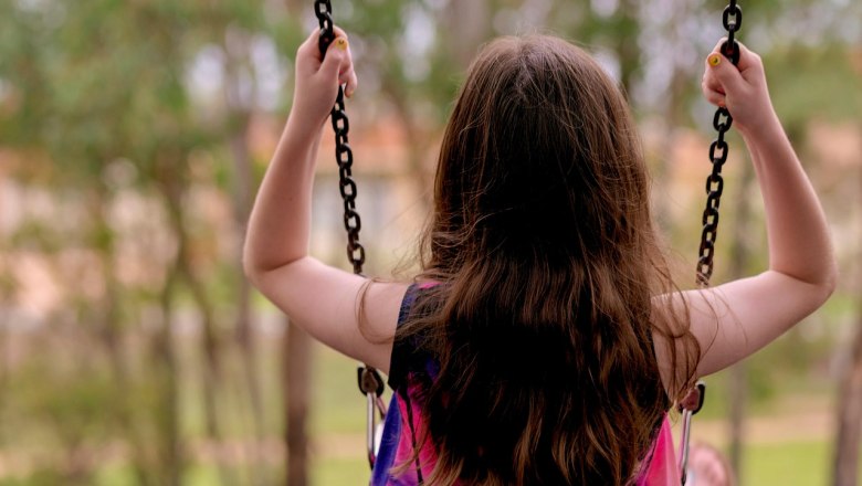 Playground, © pixabay A child swings outdoors, photographed from behind, surrounded by trees.