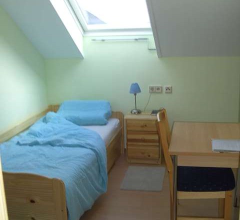 Single room, © Reep A small single room with bed, desk and skylight.