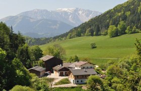 Tavern Steurer - Am Gutenmann, © Mostheurigen Steurer Farm in a green hilly landscape with mountains in the background.