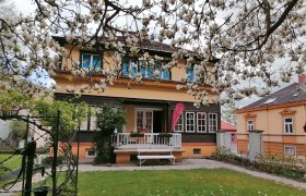 Dr. Karl Renner Museum, © Dr. Karl Renner-Museum A two-storey house with a yellow façade and white windows, surrounded by blossoming trees.