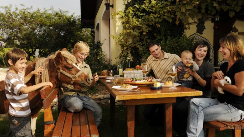 Kerndlerhof garden, © Kerndlerhof Family sitting in the garden at a table with food, a child stroking a pony, a baby being held, a woman holding a rabbit.