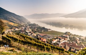 View from the Tausendeimerberg in Spitz in fall, © Robert Herbst Autumn view from the Tausendeimerberg in Spitz with vineyards, village and river.