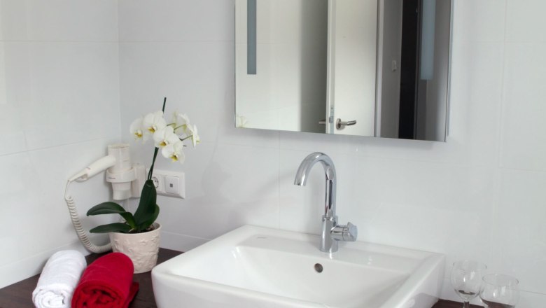 Washbasin with mirror in loft 1, © Carlos de Mello Modern bathroom with washbasin, mirror, towels and orchid.