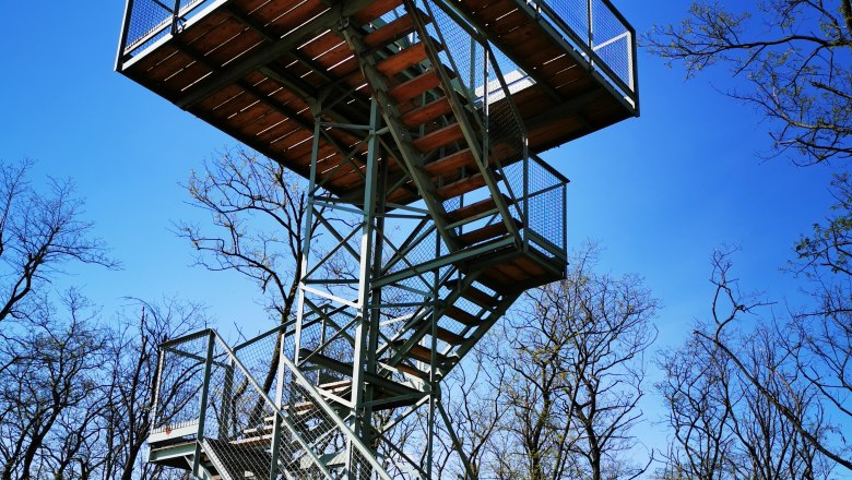 Heidbergwarte in Alberndorf, © Weinstraße Weinviertel Metal tower with stairs in a wooded area under a blue sky.