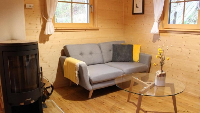Living room, © Fam. Auer Cozy living room with grey sofa, wooden walls, fireplace and glass table.