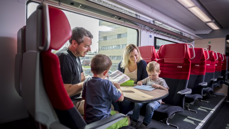 Train, © Weinviertel Tourismus GmbH / Herbst A family sits in a train compartment with red seats and plays together at a table.